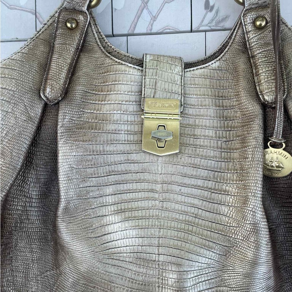 Brahmin Metallic Bronze Lizard-Embossed Tote with Gold Hardware - Picture 6 of 11